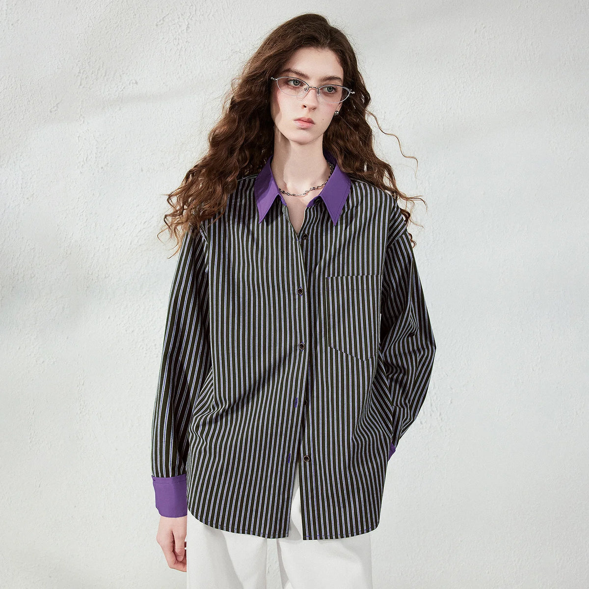 Contrast-Collar Striped Shirt