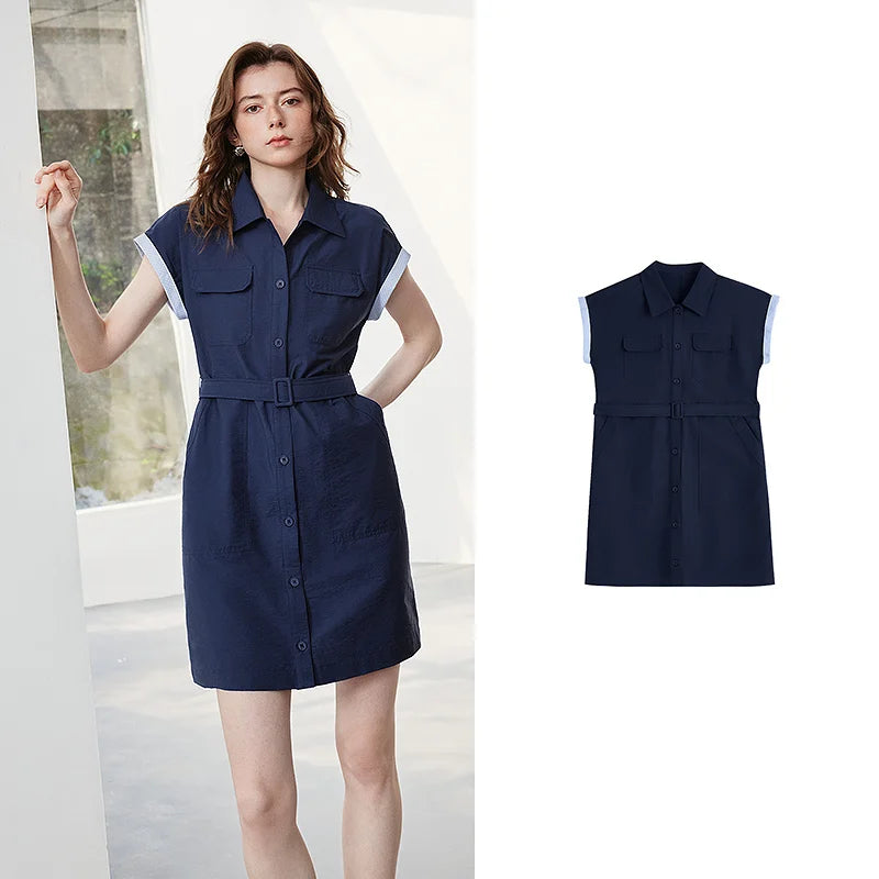 Contrast-Trim Belted Shirt Dress