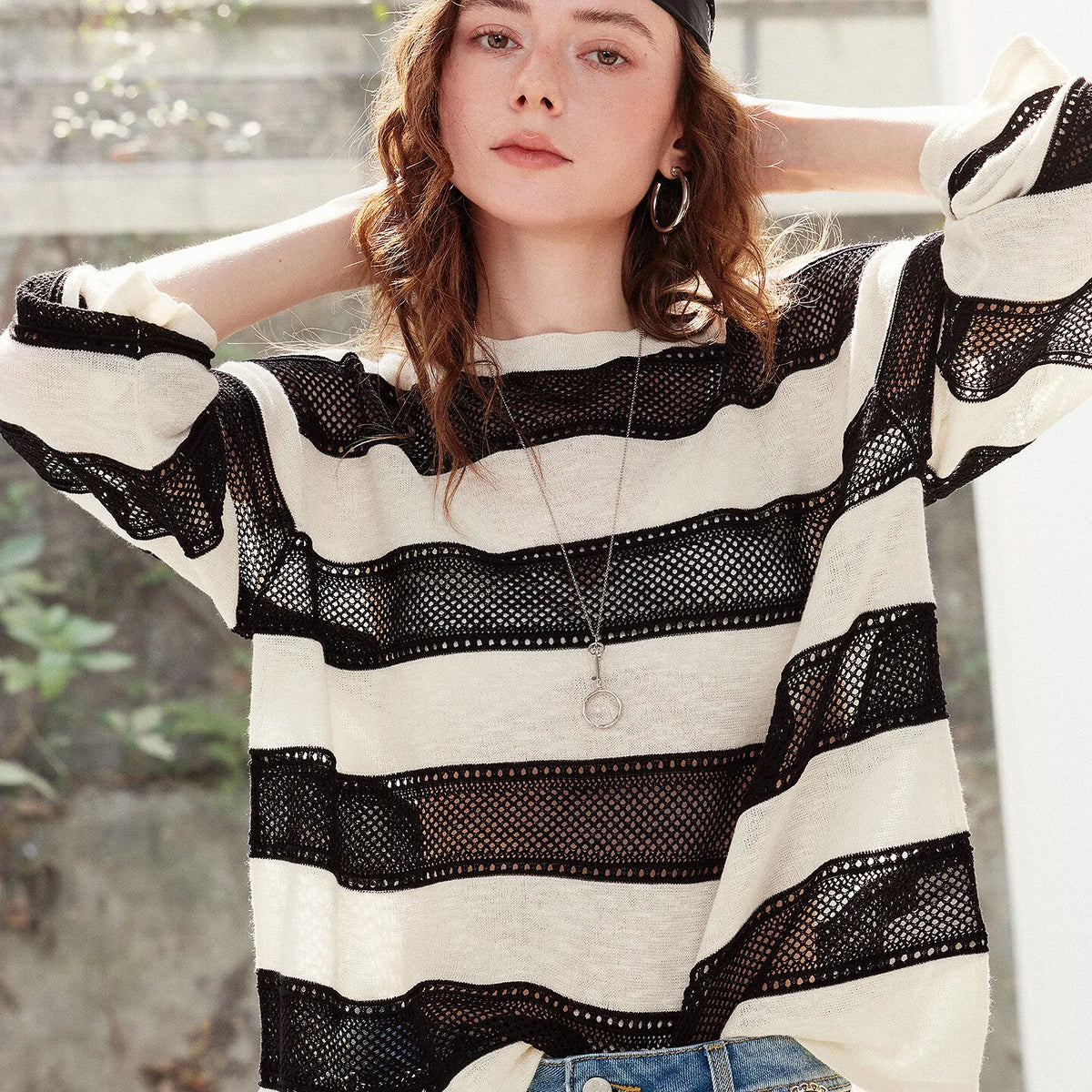 Striped Open-Knit Sweater