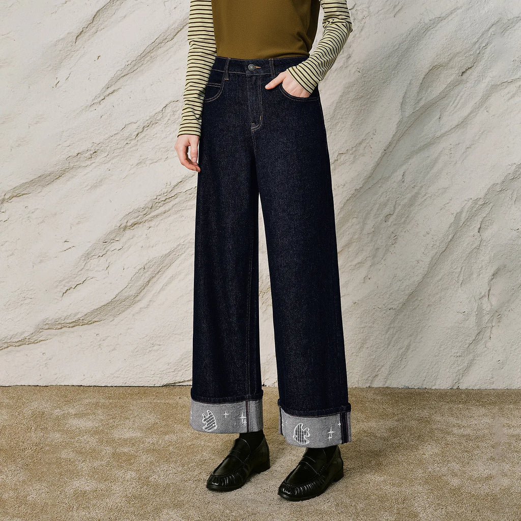 Motif-Cuff Wide-Leg Jeans