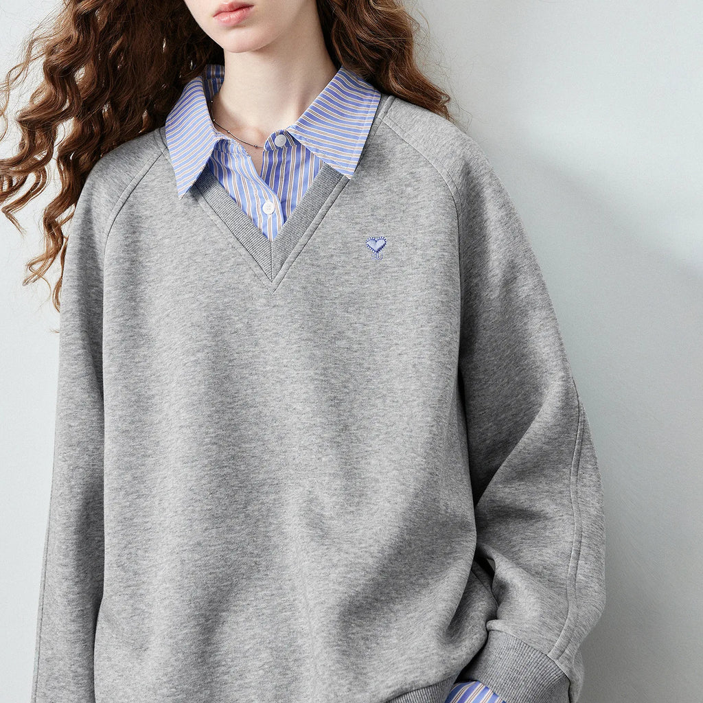 Layered-Look Striped-Collar Sweatshirt