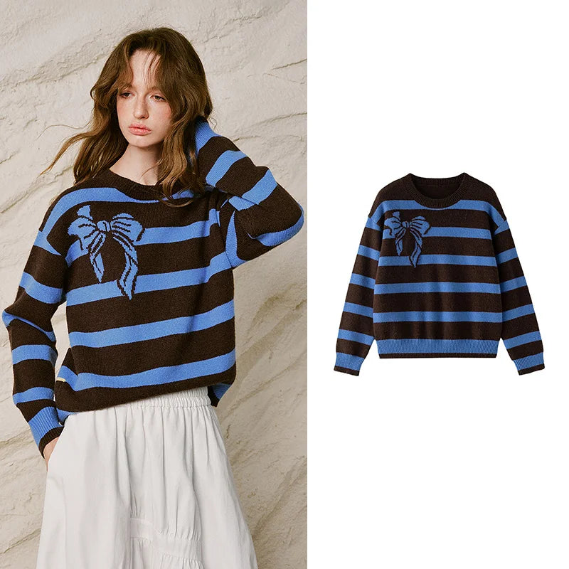Bow-Motif Striped Knit Sweater