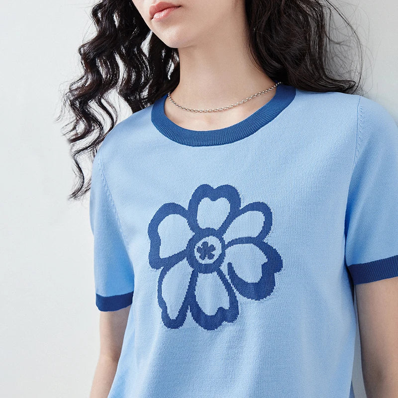 Flower-Motif Contrast-Trim Knit Tee