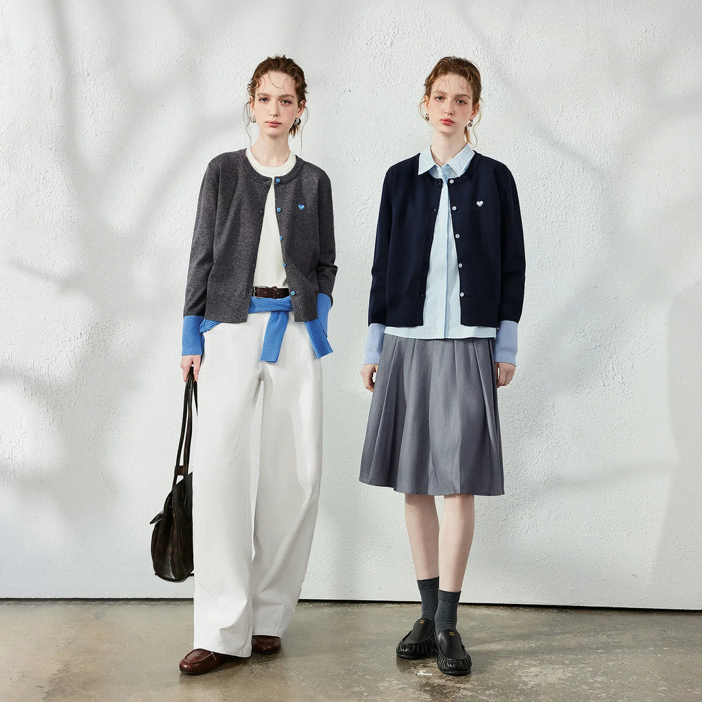 Contrast-Cuff Button-Up Cardigan
