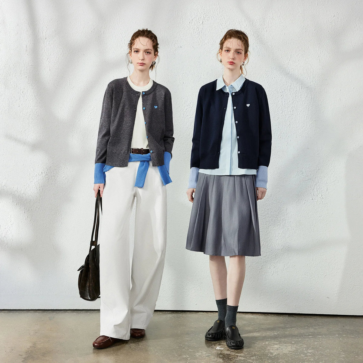 Contrast-Cuff Button-Up Cardigan