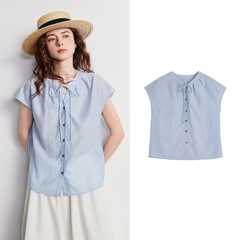 Tie-Neck Cap-Sleeve Blouse