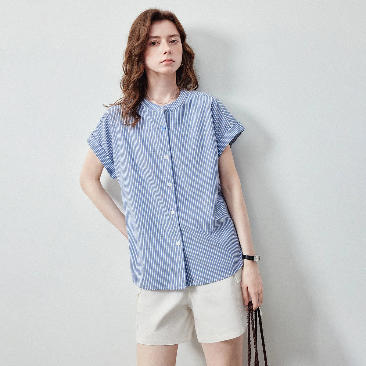 Striped Cap-Sleeve Button Shirt