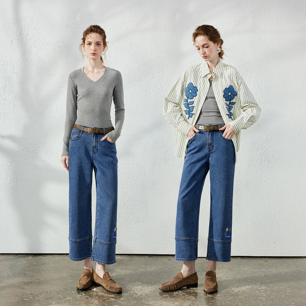 Motif-Detail Cropped Straight-Leg Jeans