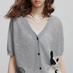 Cat-Motif V-Neck Cardigan