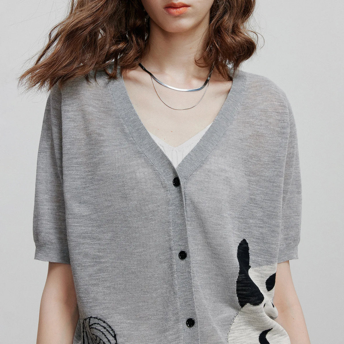 Cat-Motif V-Neck Cardigan