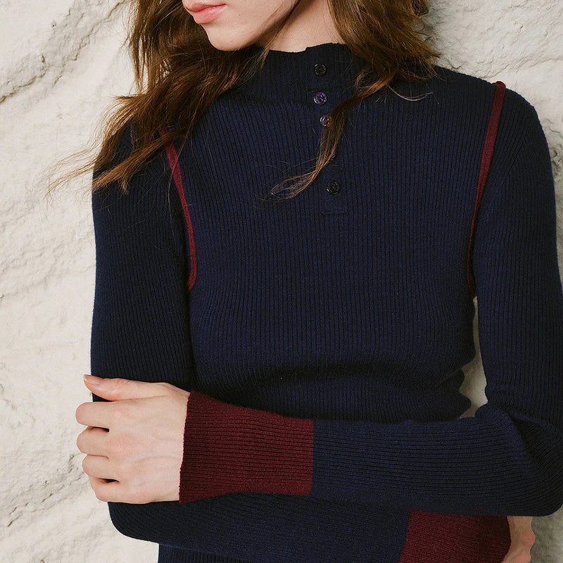 Contrast-Trim Ribbed Knit Henley