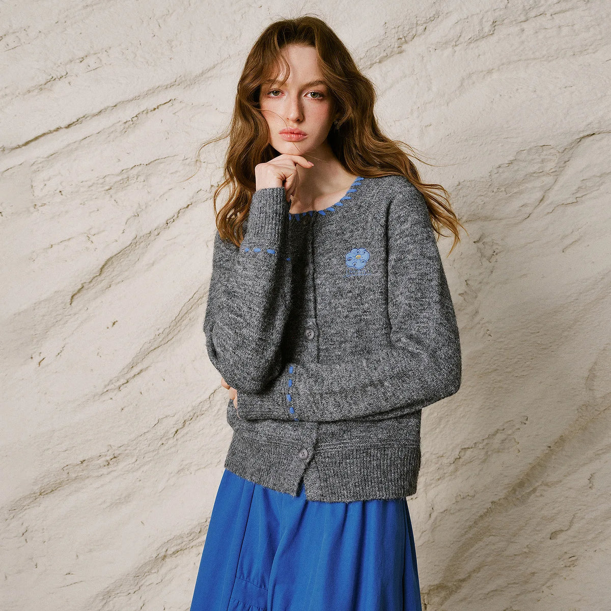 Contrast-Trim Textured Cardigan