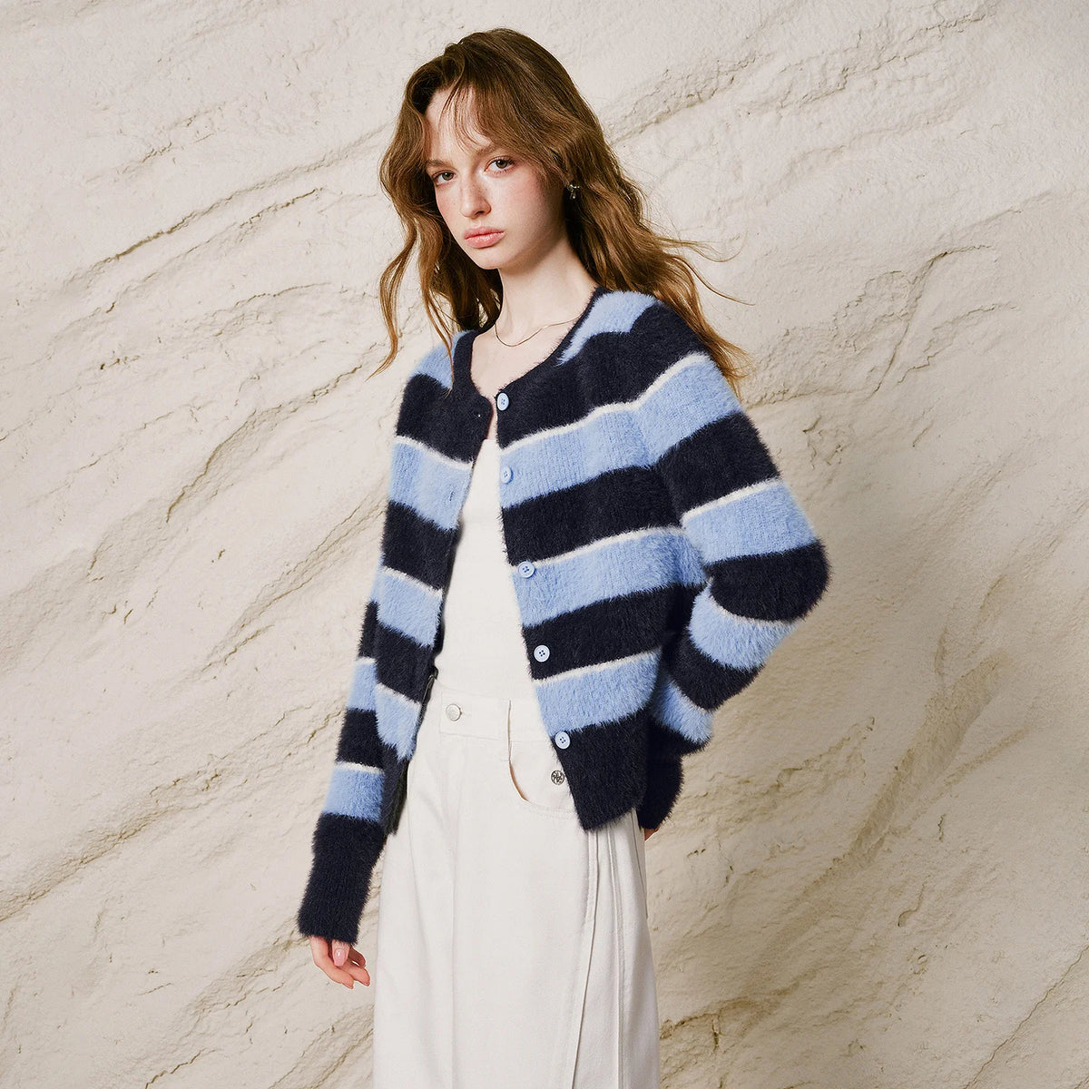 Striped Crewneck Knit Cardigan