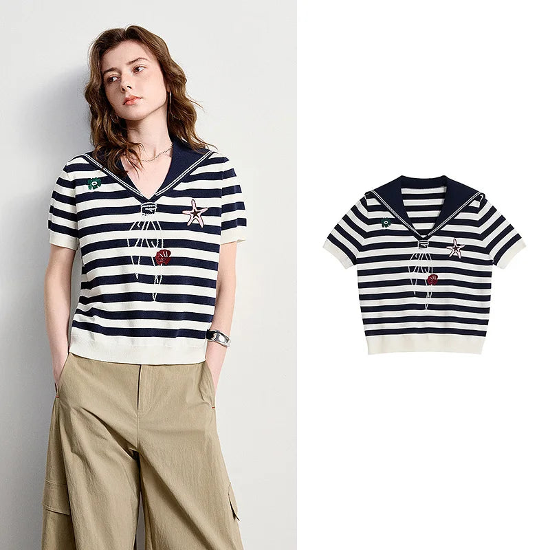 Striped Sailor-Collar Knit Top