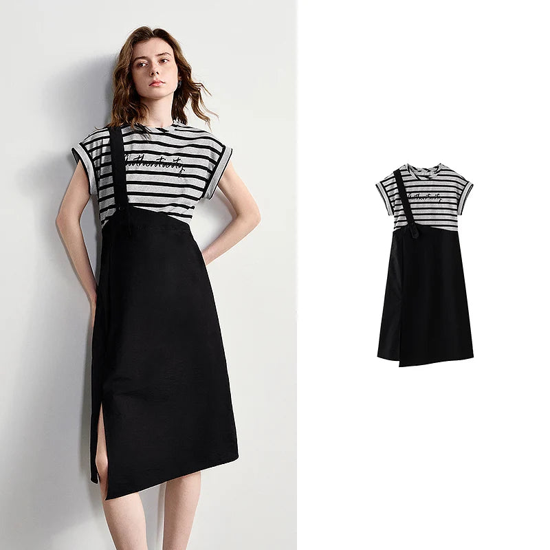 Layered-Look Striped Midi Dress