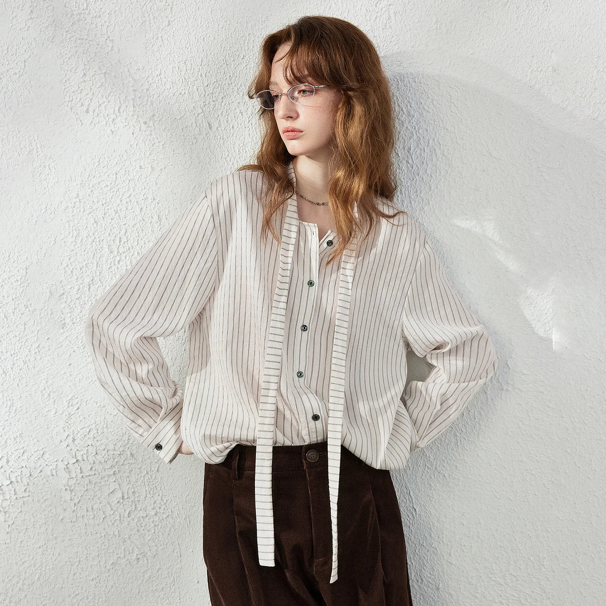 Striped Tie-Neck Button-Front Blouse