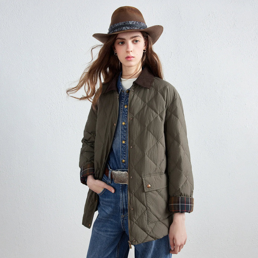 Diamond-Quilted Plaid-Trim Jacket