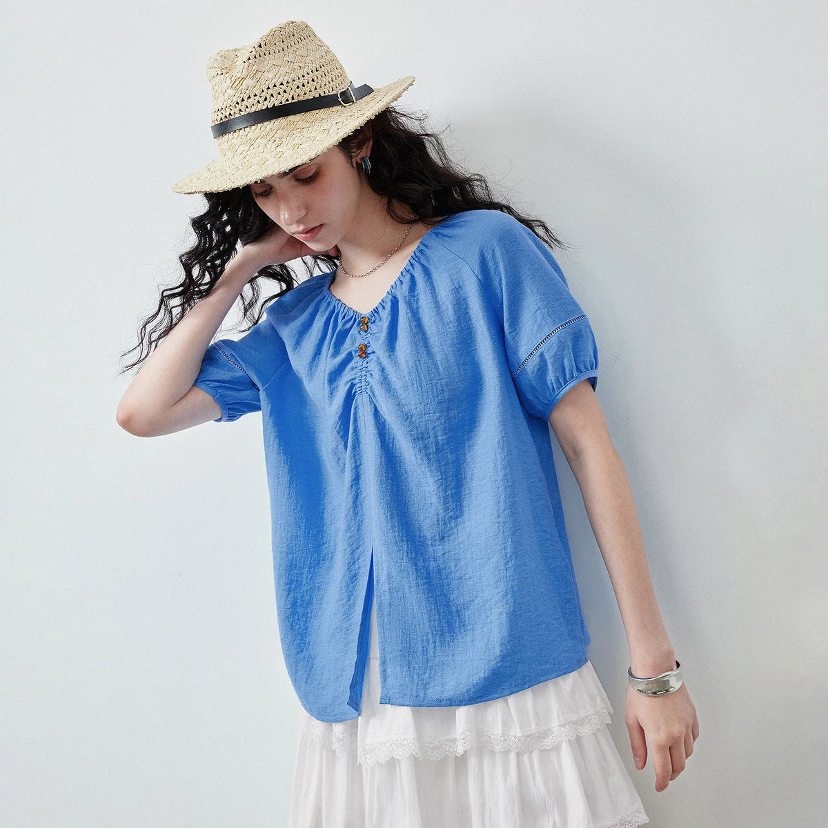Gathered Puff-Sleeve Blouse