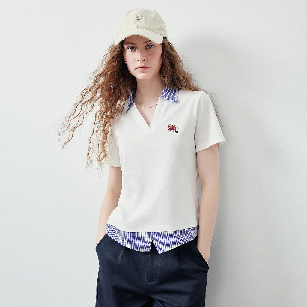 Layered-Look Plaid-Collar Polo Top