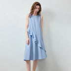 Asymmetric-Ruffle Sleeveless Midi Dress
