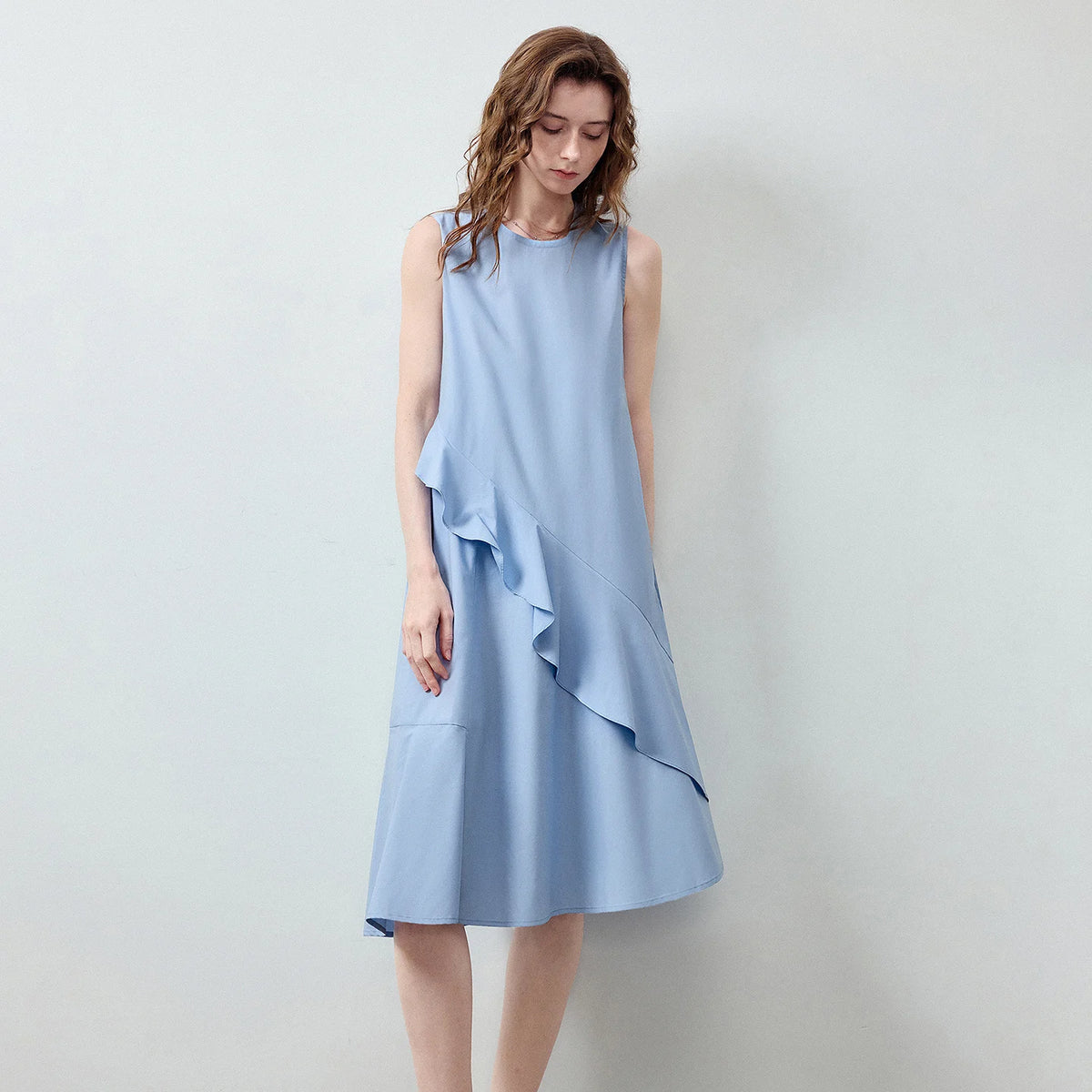 Asymmetric-Ruffle Sleeveless Midi Dress