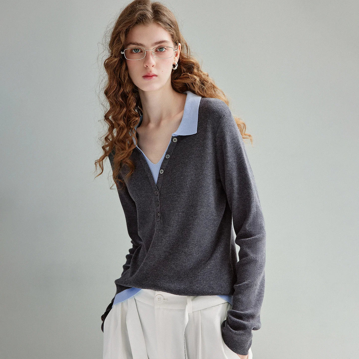Contrast-Collar Long-Sleeve Knit Polo