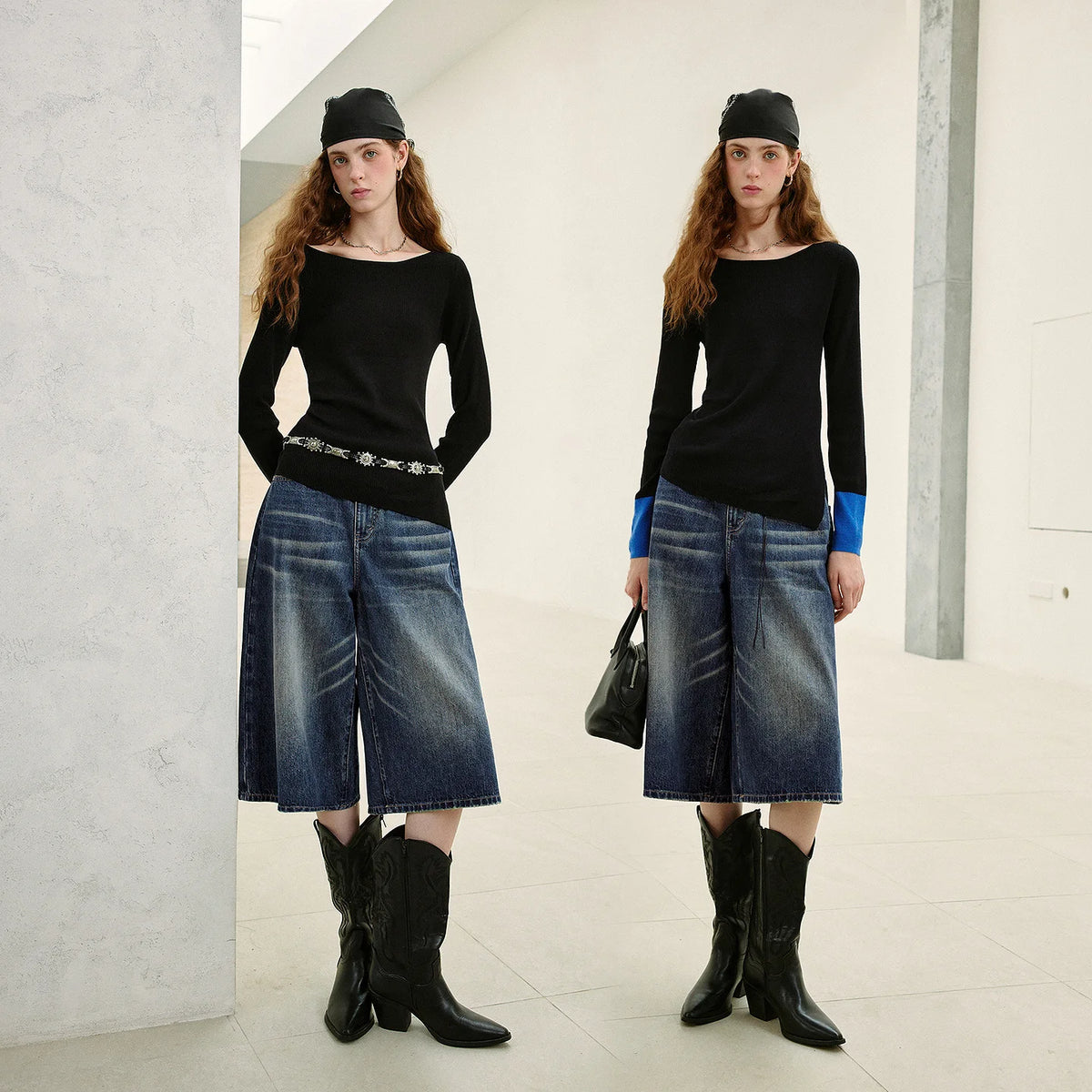 Contrast-Cuff Asymmetric Knit Top