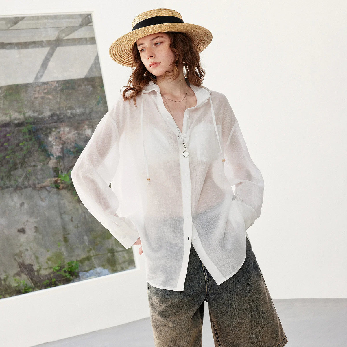 Sheer Zip-Front Hooded Shirt