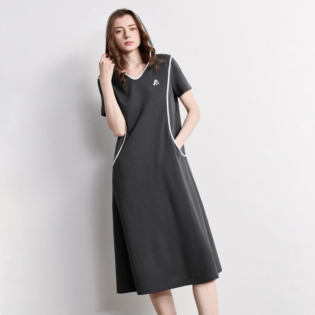 Contrast-Trim V-Neck Midi Dress
