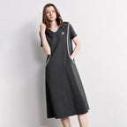 Contrast-Trim V-Neck Midi Dress