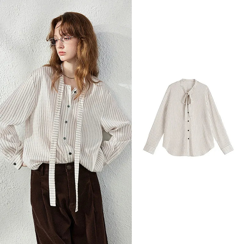 Striped Tie-Neck Button-Front Blouse