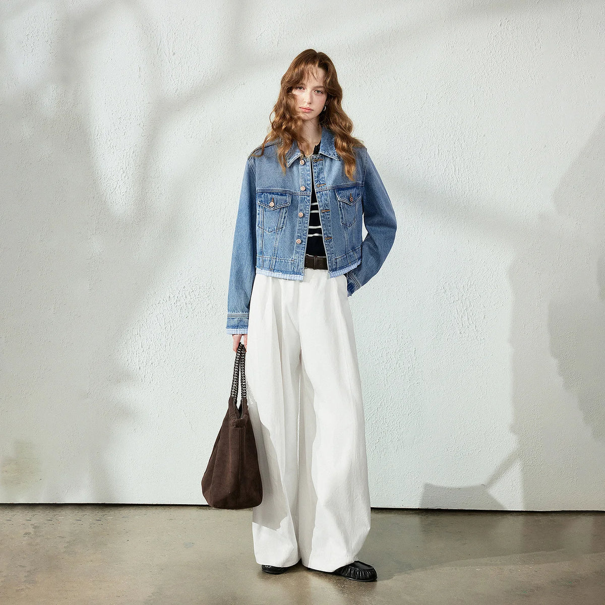 Contrast-Trim Cropped Denim Jacket