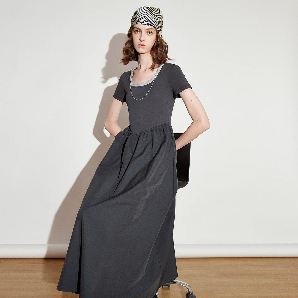 Layered-Look Short-Sleeve Midi Dress