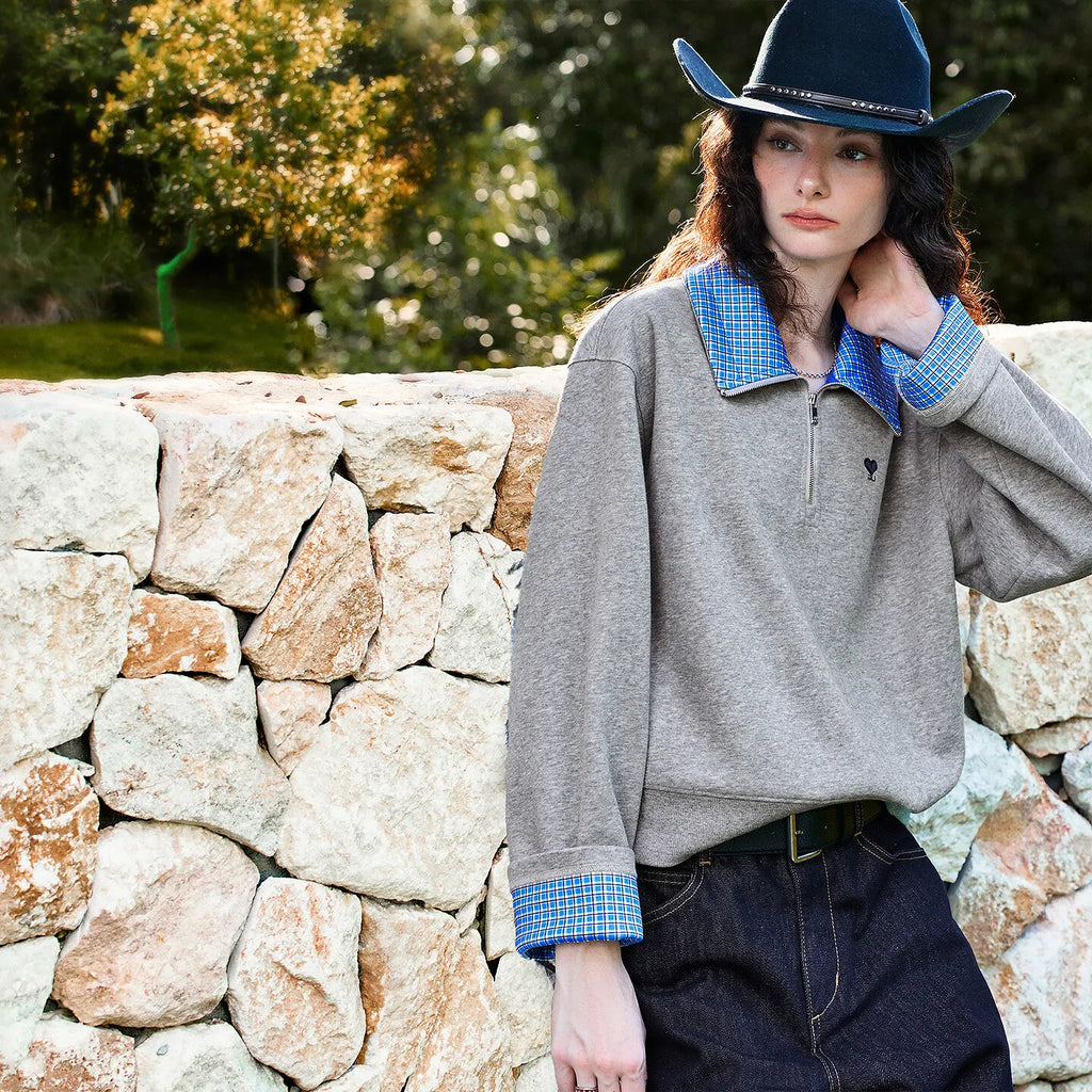 Gingham-Trim Half-Zip Sweatshirt