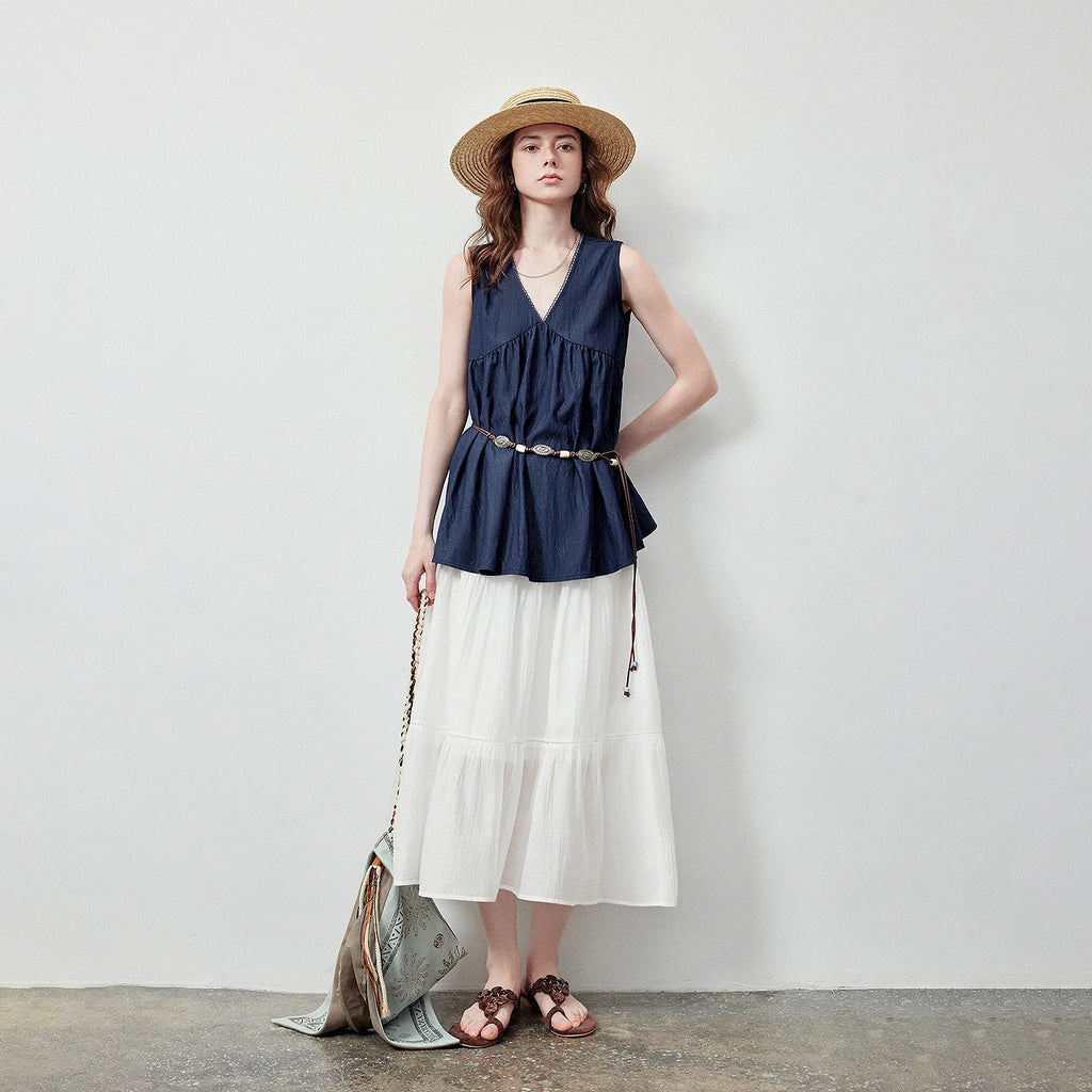 V-Neck Gathered Sleeveless Blouse