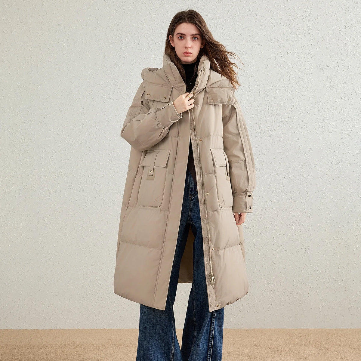 Hooded Flap-Pocket Puffer Coat