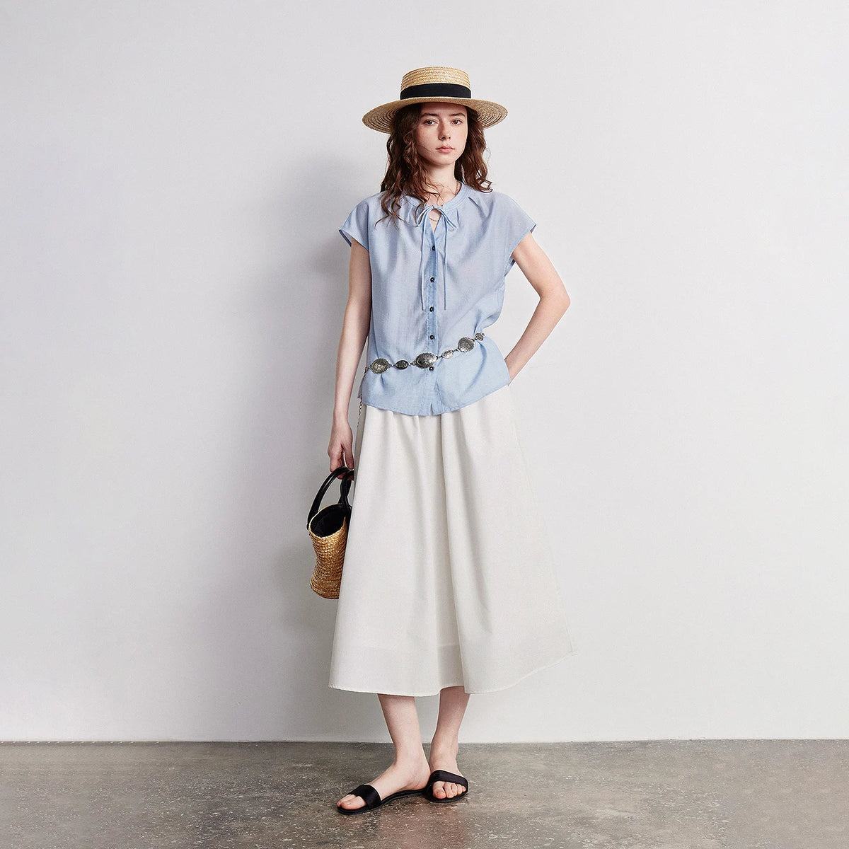 Tie-Neck Cap-Sleeve Blouse