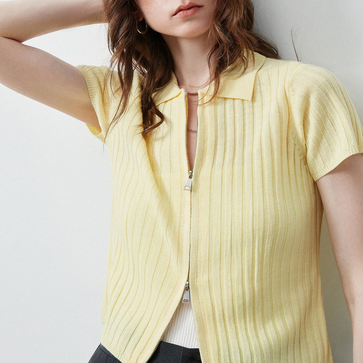 Ribbed Zip-Front Knit Shirt