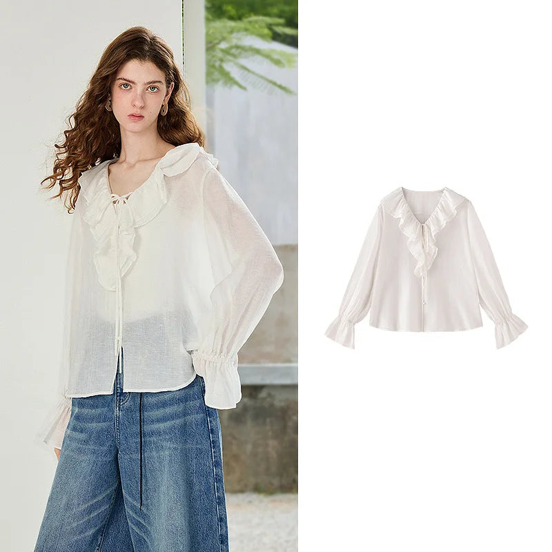 Ruffle-Neck Tie-Front Blouse
