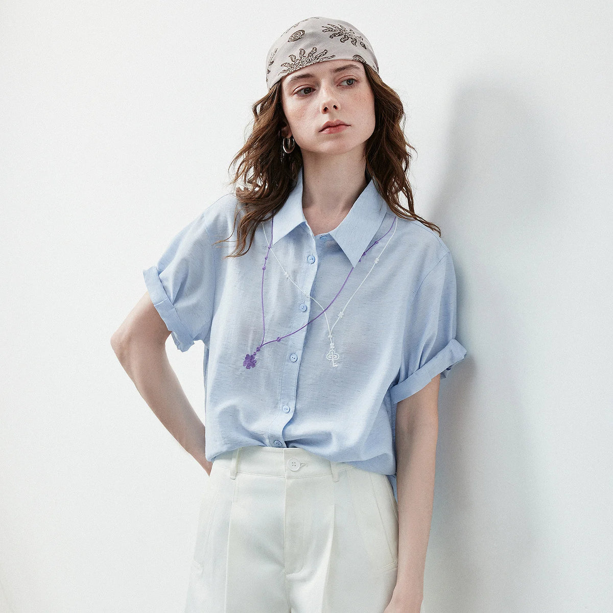 Rolled-Cuff Motif-Detail Shirt
