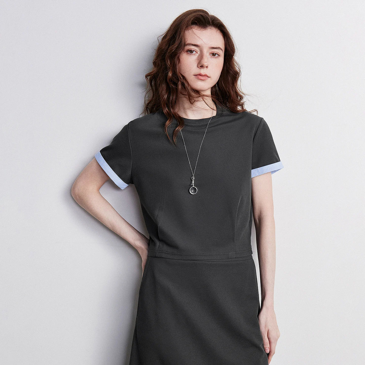Contrast-Cuff Tee and Midi Skirt Set