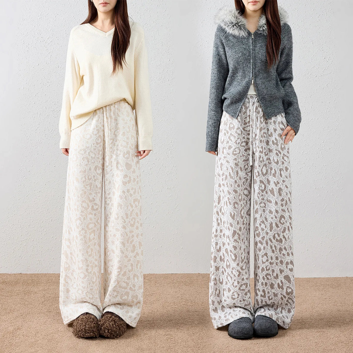 Textured Leopard-Pattern Wide-Leg Pants