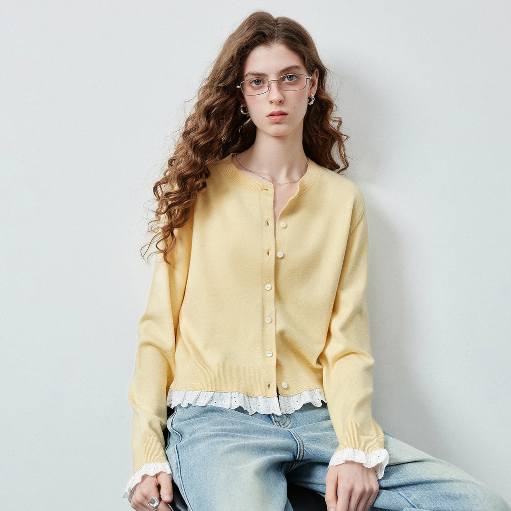 Lace-Trim Cropped Knit Cardigan