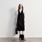 Deep V-Neck Midi Pinafore Dress