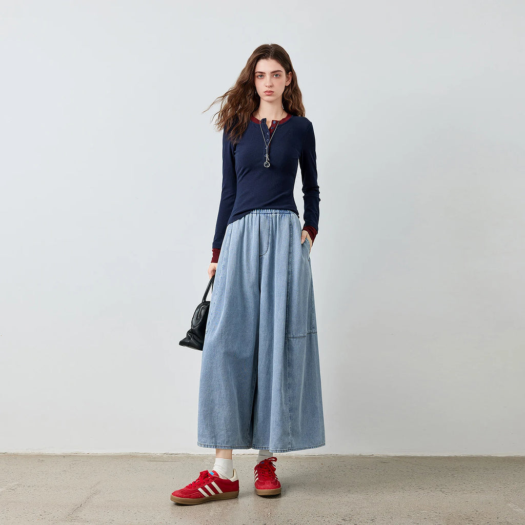Elastic-Waist Cropped Wide-Leg Jeans