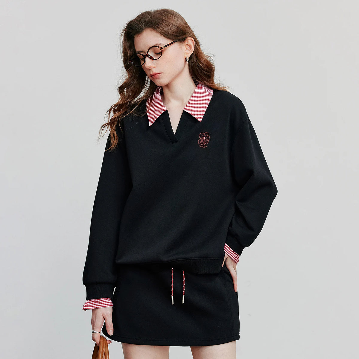 Contrast-Collar Layered-Look Sweatshirt