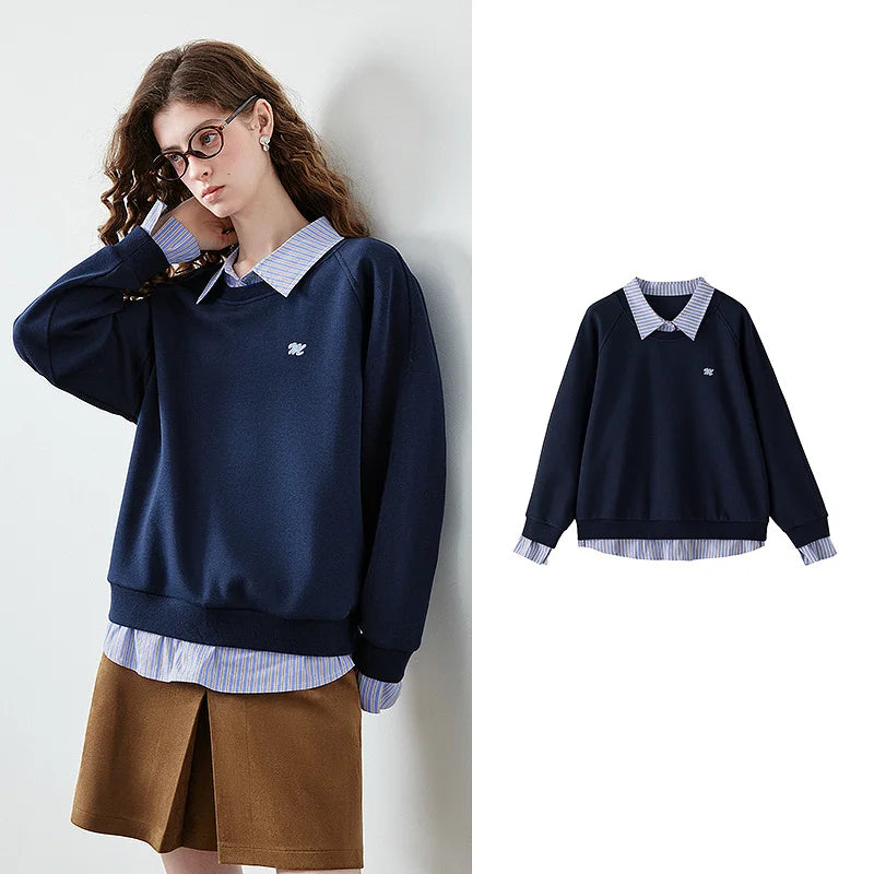 Layered-Look Striped-Collar Sweatshirt