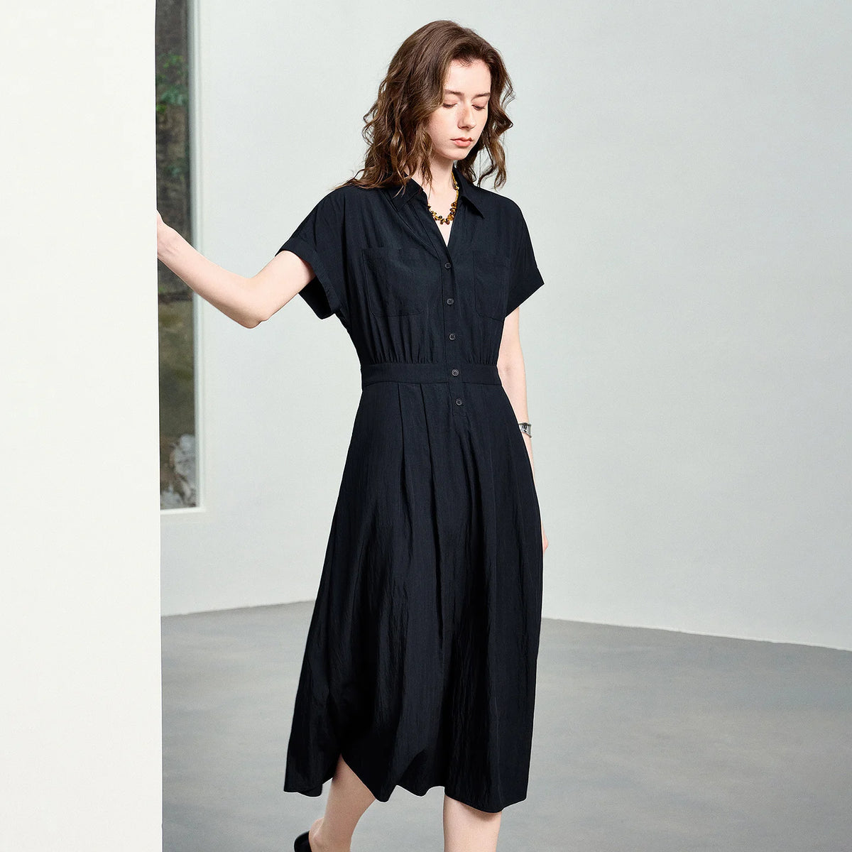 Short-Sleeve Midi Shirt Dress