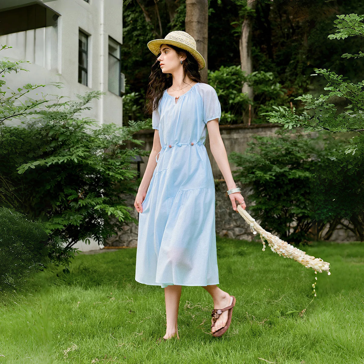 Off-Shoulder Gathered-Waist Midi Dress