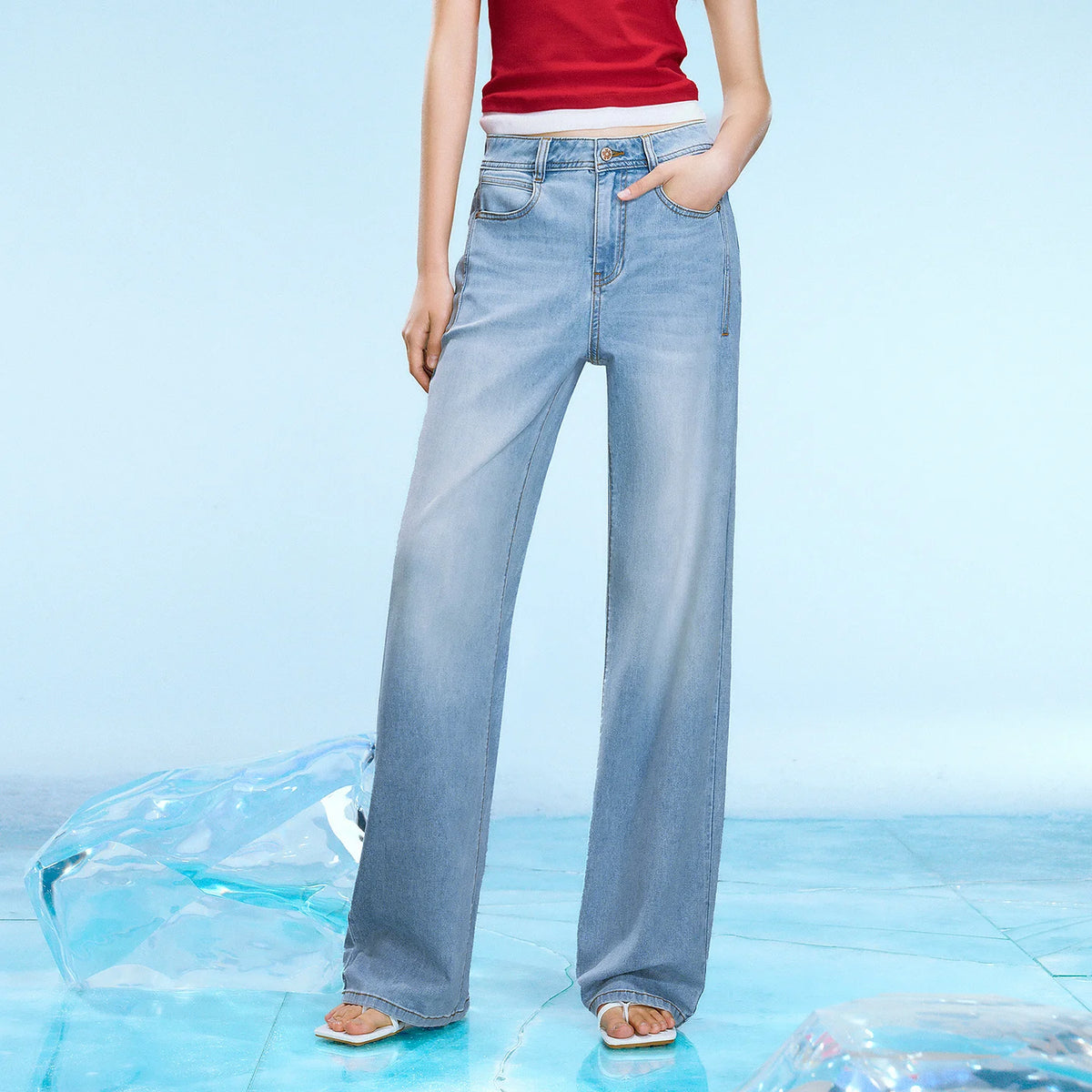 Wide-Leg Faded Jeans